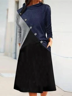 Women's Sweater Dress Winter Dress Jumper Dress Midi Dress Button Pocket Outdoor Street Daily Fashion Classic Stand Collar Long Sleeve 2023 Loose Fit Dark Blue Color S M L XL XXL Size