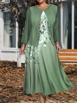Women's Plus Size Two Piece Dress Set Casual Dress Swing Dress Outdoor Office Fashion Streetwear Print Midi Dress Crew Neck Long Sleeve Floral Ombre Regular Fit Blue Purple Green Fall Winter L XL XXL -HANA Luxury Wear Shop tljcyk1697784945854