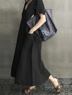 Women's Linen Dress Shift Dress Midi Dress Black Pink Apricot Short Sleeve Pure Color Pocket Summer Spring Fall Crew Neck Basic Loose Fit 2023 M L XL 2XL 3XL 4XL 5XL -HANA Luxury Wear Shop tltibs1622180686794