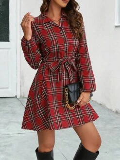 Women's Shirt Dress Casual Dress Mini Dress Outdoor Daily Date Polyester Fashion Casual Shirt Collar Lace Up Button Long Sleeve Spring Fall Winter 2023 Loose Fit Black Red Plaid S M L XL -HANA Luxury Wear Shop tmadir1697526682367