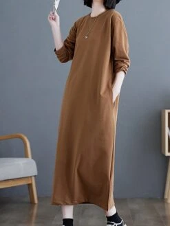 Women's Casual Dress Cotton Linen Dress T Shirt Dress Tee Dress Midi Dress Polyester Basic Classic Outdoor Daily Vacation Crew Neck Pocket 3/4 Length Sleeve Fall Autumn 2023 Loose Fit ArmyGreen Black -HANA Luxury Wear Shop tmfdcj1693366313989