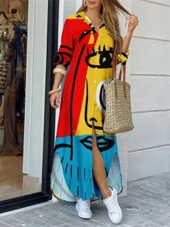 Women's Shirt Dress Casual Dress Shift Dress Maxi Long Dress Outdoor Daily Vacation Polyester Fashion Modern Shirt Collar Button Split Long Sleeve Summer Spring Fall 2023 Regular Fit White Yellow Red -HANA Luxury Wear Shop tmmrff1691045297040