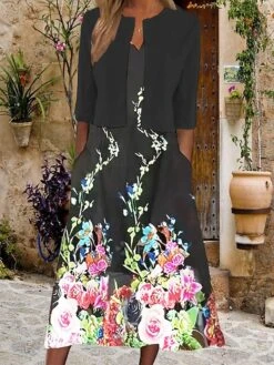 Women's Two Piece Dress Set Casual Dress Tank Dress Outdoor Daily Vintage Ethnic Pocket Print Midi Dress V Neck 3/4 Length Sleeve Floral Print Loose Fit Black White Pink Summer Spring S M L XL XXL -HANA Luxury Wear Shop tmukpg1689736346005