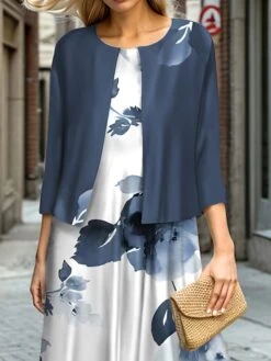 Women's Two Piece Dress Set Casual Dress Swing Dress Outdoor Office Fashion Streetwear Print Midi Dress Crew Neck 3/4 Length Sleeve Leaf Floral Regular Fit Blue Fall Winter S M L XL XXL -HANA Luxury Wear Shop tmwjur1697187278639