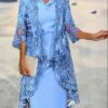 Women's Two Piece Dress Set Casual Dress Lace Dress Outdoor Date Fashion Elegant Lace Trim Midi Dress V Neck 3/4 Length Sleeve Plain Loose Fit Blue Fall Winter S M L XL XXL -HANA Luxury Wear Shop tngcgm1693972032397