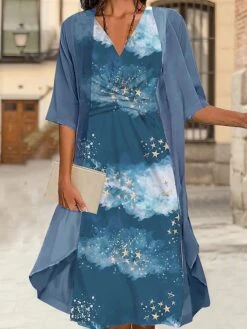 Women's Two Piece Dress Set Casual Dress Chiffon Dress Outdoor Daily Fashion Streetwear Knot Front Print Midi Dress V Neck 3/4 Length Sleeve Star Ombre Regular Fit Blue Fall Winter S M L XL XXL