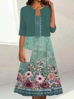 Women's Two Piece Dress Set Casual Dress Print Dress Outdoor Daily Fashion Elegant Print Midi Dress V Neck Half Sleeve Floral Regular Fit Navy Blue Blue Green Summer Spring S M L XL XXL -HANA Luxury Wear Shop tolcdf1688117341923