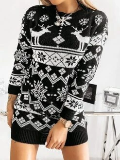 Women‘s Christmas Sweater Dress Jumper Dress Winter Dress Fashion Ugly Christmas Christmas Daily Vacation Going Out Crew Neck Long Sleeve Patchwork 2023 Loose Fit Black Wine Gray S M L -HANA Luxury Wear Shop tozjax1694602204371