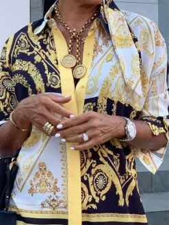 Women's Shirt Dress Casual Dress Maxi Long Dress Outdoor Daily Vacation Polyester Vintage Retro Shirt Collar Button Print Long Sleeve Fall Winter 2023 Loose Fit Yellow Color Block Tribal Ethnic S M L -HANA Luxury Wear Shop tpiobg1696746951477