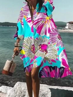 Women's Shirt Dress Casual Dress Swing Dress Midi Dress Daily Holiday Vacation Polyester Stylish Modern Shirt Collar High Low Dress Print Long Sleeve Summer Spring 2022 Loose Fit Black Red Blue -HANA Luxury Wear Shop tpjvep1660890827701
