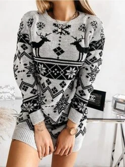 Women‘s Christmas Sweater Dress Jumper Dress Winter Dress Warm Geometric Plaid Print Outdoor Christmas Casual Daily Crew Neck Long Sleeve 2023 Loose Fit Black Red Gray S M L XL XXL -HANA Luxury Wear Shop tplpnf1694165722541