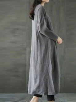 Women's Cotton Linen Dress Casual Dress Shift Dress Maxi Long Dress Cotton Blend Casual Winter Dress Daily Going Out Crew Neck Pocket Layered Long Sleeve Summer Spring Fall 2023 Loose Fit Black Green -HANA Luxury Wear Shop tqiipx1653381110427