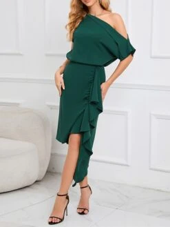 Women's Two Piece Dress Set Party Dress Skirt Set Party Outdoor Fashion Party Ruffle Asymmetrical Midi Dress Off Shoulder Half Sleeve Plain Loose Fit Green Spring Fall S M L XL XXL -HANA Luxury Wear Shop tqorai1692339649661