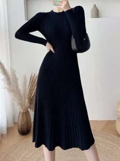Women's Sweater Dress Jumper Dress Casual Dress Midi Dress Fashion Pure Color Outdoor Daily Going Out Crew Neck Long Sleeve 2023 Slim Black Blue Apricot One Size -HANA Luxury Wear Shop tqqsyp1696670410267