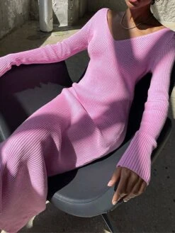 Women's Sweater Dress Jumper Dress Casual Dress Midi Dress Fashion Pure Color Outdoor Vacation Going Out V Neck Long Sleeve 2023 Regular Fit Black Pink Blue S M L -HANA Luxury Wear Shop tqvbxw1697538592041