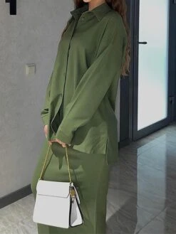 Women's Two Piece Dress Set Casual Dress Skirt Set Outdoor Daily Fashion Streetwear Button Pocket Long Dress Maxi Dress Shirt Collar Long Sleeve Plain Loose Fit Brown Green Beige Fall Winter S M L XL -HANA Luxury Wear Shop tqvhgw1693534949022