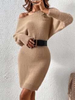 Women's Sweater Dress Winter Dress Jumper Dress Midi Dress Patchwork Street Daily Date Fashion Streetwear Crew Neck Long Sleeve 2023 Slim Black White Khaki Color S M L XL Size -HANA Luxury Wear Shop tsfqfx1692095366279