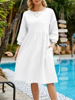 Women's Casual Dress Cotton Dress Midi Dress Cotton Basic Classic Outdoor Daily Vacation Crew Neck Ruched 3/4 Length Sleeve Fall Winter Autumn 2023 Loose Fit ArmyGreen Black White Plain S M L XL 2XL -HANA Luxury Wear Shop tskmvj1693739256456