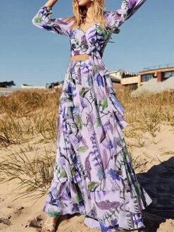 Women's Two Piece Dress Set Casual Dress Skirt Set Outdoor Daily Fashion Elegant Ruffle Print Long Dress Maxi Dress V Neck Long Sleeve Leaf Floral Regular Fit Purple Apricot Summer Spring S M L XL -HANA Luxury Wear Shop tstend1689579867426
