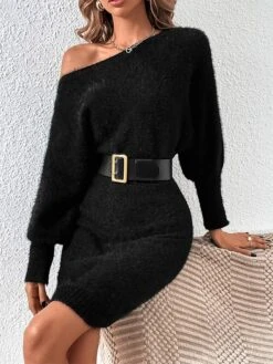 Women's Sweater Dress Winter Dress Jumper Dress Midi Dress Patchwork Street Daily Date Fashion Streetwear Crew Neck Long Sleeve 2023 Slim Black White Khaki Color S M L XL Size -HANA Luxury Wear Shop tsuaff1692095371763