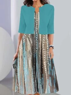 Women's Two Piece Dress Set Casual Dress Print Dress Outdoor Daily Fashion Elegant Print Midi Dress V Neck Half Sleeve Geometric Color Block Regular Fit Black White Navy Blue Summer Spring S M L XL -HANA Luxury Wear Shop tszwiy1689736204842