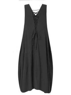 Women's Casual Dress Cotton Dress Swing Dress Maxi Long Dress Cotton Blend Basic Classic Outdoor Daily V Neck Pocket Sleeveless Summer Spring 2023 Regular Fit Black Wine Khaki Plain S M L XL 2XL -HANA Luxury Wear Shop tufocr1686713215215
