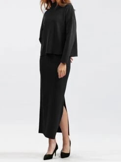 Women's Two Piece Dress Set Casual Dress Skirt Set Outdoor Daily Fashion Streetwear Split Ribbed Midi Dress Turtleneck Long Sleeve Plain Loose Fit Black Light Green Blue Fall One-Size -HANA Luxury Wear Shop tunadn1693278281747