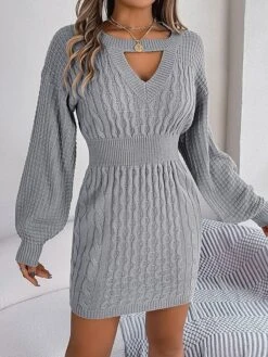Women's Sweater Dress Jumper Dress Casual Dress Mini Dress Fashion Pure Color Outdoor Daily Going Out Crew Neck Long Sleeve Cut Out 2023 Loose Fit Wine Khaki Gray S M L -HANA Luxury Wear Shop tviwft1695643849986