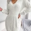 Women‘s Sweater Dress Winter Dress Sheath Dress Blue Khaki White Long Sleeve Pure Color Knit Winter Fall V Neck Fashion Classic Lantern Sleeve Fit 2022 S M L White Dress