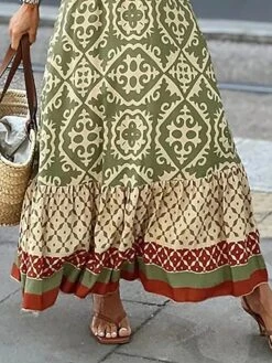 Women's Two Piece Dress Set Casual Dress Dress Set Outdoor Daily Fashion Ethnic Lace Up Ruffle Long Dress Maxi Dress Crew Neck Short Sleeve Floral Tribal Regular Fit Green Summer Spring S M L XL XXL -HANA Luxury Wear Shop txgnxr1683003317892