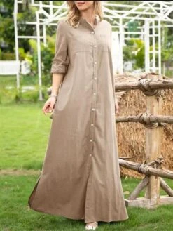 Women's Shirt Dress Casual Dress Maxi Long Dress Outdoor Daily Vacation Polyester Fashion Casual Shirt Collar Button Long Sleeve Summer Spring Fall 2023 Loose Fit Wine Navy Blue Green Plain S M L XL -HANA Luxury Wear Shop txhzcf1689737493880