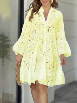 Women's Shirt Dress Casual Dress Mini Dress Outdoor Daily Date Cotton Basic Classic V Neck Button Long Sleeve Spring Fall Winter 2023 Loose Fit Yellow Pink Red Pure Color S M L XL 2XL -HANA Luxury Wear Shop txjcfd1694576757553