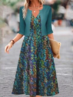 Women's Two Piece Dress Set Casual Dress Swing Dress Outdoor Daily Fashion Elegant Print Midi Dress V Neck Half Sleeve Floral Regular Fit Blue Purple Fuchsia Fall Winter S M L XL XXL -HANA Luxury Wear Shop txjqhy1697681155031