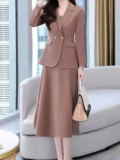 Women's Two Piece Dress Set Work Dress Skirt Set Formal Office Streetwear Elegant Button Pocket Midi Dress Shirt Collar Long Sleeve Plain Regular Fit Black Purple Beige Fall Winter M L XL XXL 3XL -HANA Luxury Wear Shop txrtrv1694498841288