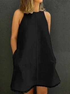 Women's Casual Dress Cotton Linen Dress White Dress Mini Dress Cotton Blend Casual Outdoor Daily Vacation Crew Neck Pocket Sleeveless Summer Spring 2023 Loose Fit Black White Yellow Pure Color S M L -HANA Luxury Wear Shop txufxu1680163648896