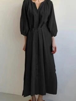 Women's Casual Dress Cotton Linen Dress Loose Dress Midi Dress Linen / Cotton Blend Fashion Daily Outdoor Daily Vacation V Neck Lace Up Button Long Sleeve Fall Autumn 2023 Loose Fit Black Blue Apricot -HANA Luxury Wear Shop tzakbm1692955815048