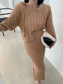 Women's Two Piece Dress Set Casual Dress Skirt Set Outdoor Daily Fashion Streetwear Patchwork Midi Dress Hooded Long Sleeve Plain Loose Fit Black Khaki Apricot Fall Winter One-Size -HANA Luxury Wear Shop tzhfao1695722088194