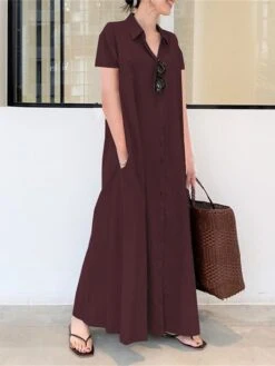 Women's Shirt Dress Casual Dress Cotton Linen Dress Maxi Long Dress Cotton Casual Daily Casual Daily Vacation Weekend Shirt Collar Button Pocket Short Sleeve Summer Spring 2023 Loose Fit Black Wine -HANA Luxury Wear Shop tzrhpw1689933269980