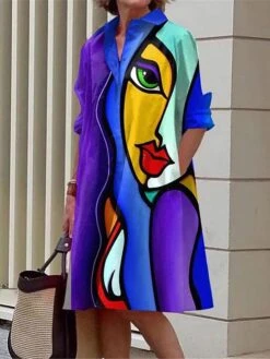 Women's Shirt Dress Casual Dress Midi Dress Outdoor Office Daily Polyester Fashion Modern Shirt Collar Button Pocket Long Sleeve Fall Winter 2023 Loose Fit Yellow Dark Pink Blue Floral Abstract S M L -HANA Luxury Wear Shop tzvcaq1693808906028