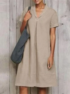 Women's Casual Dress Cotton Linen Dress A Line Dress Midi Dress Linen Cotton Blend Fashion Modern Outdoor Daily Vacation V Neck Ruched Short Sleeve Summer Spring 2023 Loose Fit ArmyGreen Wine Sky Blue -HANA Luxury Wear Shop uadtlq1678262787616