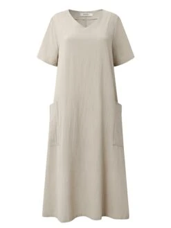 Women's Linen Dress Shift Dress Midi Dress Black Pink Apricot Short Sleeve Pure Color Pocket Summer Spring Fall Crew Neck Basic Loose Fit 2023 M L XL 2XL 3XL 4XL 5XL -HANA Luxury Wear Shop uahebs1684215385371