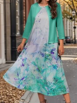 Women's Two Piece Dress Set Casual Dress Swing Dress Outdoor Office Fashion Streetwear Print Midi Dress Crew Neck 3/4 Length Sleeve Floral Ombre Regular Fit Pink Blue Purple Fall Winter S M L XL XXL -HANA Luxury Wear Shop uarkug1697782920600