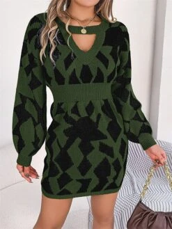 Women's Sweater Dress Jumper Dress Casual Dress Mini Dress Fashion Geometric Color Block Outdoor Daily Going Out Crew Neck Long Sleeve Cut Out 2023 Loose Fit Green Khaki Rose Red S M L -HANA Luxury Wear Shop ubcljv1695813754032