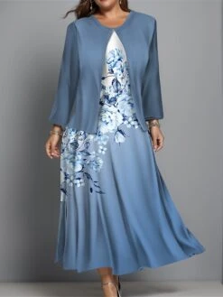 Women's Plus Size Two Piece Dress Set Casual Dress Swing Dress Outdoor Office Fashion Streetwear Print Midi Dress Crew Neck Long Sleeve Floral Ombre Regular Fit Blue Purple Green Fall Winter L XL XXL -HANA Luxury Wear Shop ubfrzp1697444369354