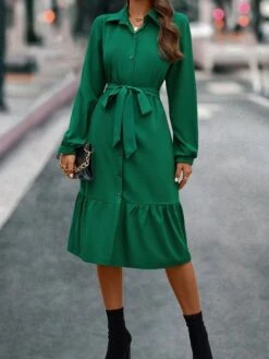 Women's Shirt Dress Casual Dress Maxi Long Dress Outdoor Daily Polyester Basic Classic Shirt Collar Lace Up Button Long Sleeve Spring Fall Winter 2023 Loose Fit Blue Green Pure Color S M L XL -HANA Luxury Wear Shop ublkdz1693200162753