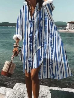Women's Shirt Dress Casual Dress Swing Dress Mini Dress Outdoor Daily Vacation Polyester Fashion Casual Shirt Collar Button Print Long Sleeve Summer Spring Fall 2023 Loose Fit White Blue Green Floral -HANA Luxury Wear Shop ubzlzp1678781305585
