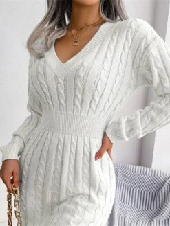 Women‘s Sweater Dress Winter Dress Sheath Dress Blue Khaki White Long Sleeve Pure Color Knit Winter Fall V Neck Fashion Classic Lantern Sleeve Fit 2022 S M L White Dress -HANA Luxury Wear Shop ucsmyu1662432825932