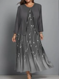 Women's Plus Size Two Piece Dress Set Casual Dress Swing Dress Outdoor Office Fashion Streetwear Print Midi Dress Crew Neck Long Sleeve Floral Ombre Regular Fit Wine Blue Green Fall Winter L XL XXL -HANA Luxury Wear Shop udcfyb1697444373869