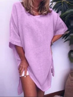 Women's Cotton Linen Dress A Line Dress Mini Dress Cotton Blend Casual Comfort Home Daily Crew Neck Rolled Cuff Half Sleeve Summer Spring Loose Fit White Pink Blue Pure Color S M L XL 2XL -HANA Luxury Wear Shop udmgxv1679383093701