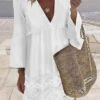 Women's Cotton Linen Dress Casual Dress Midi Dress Cotton Blend Fashion Basic Outdoor Daily Vacation Deep V Lace Patchwork Long Sleeve Summer Spring Fall 2023 Loose Fit White Plain S M L XL 2XL -HANA Luxury Wear Shop udmhmv1681211719184
